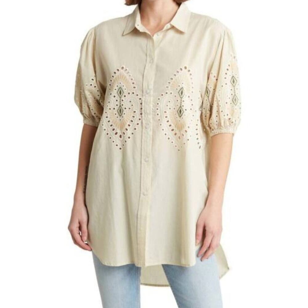 7 For All Mankind Beige Eyelet Puff Sleeve Tunic Women's S